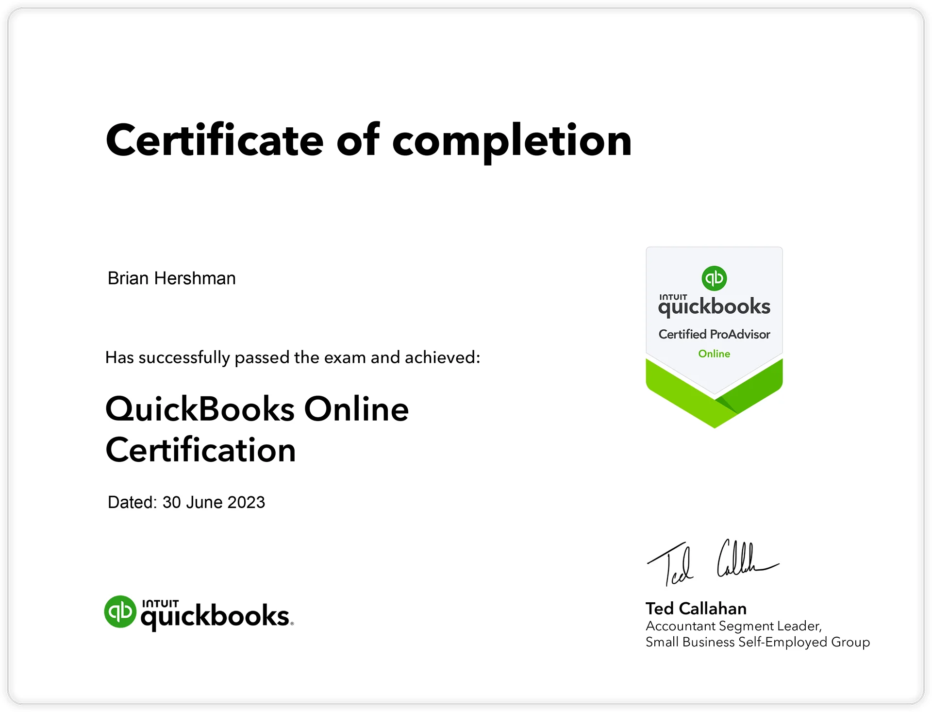 QuickBooks Online Recertification - Brian Hershman