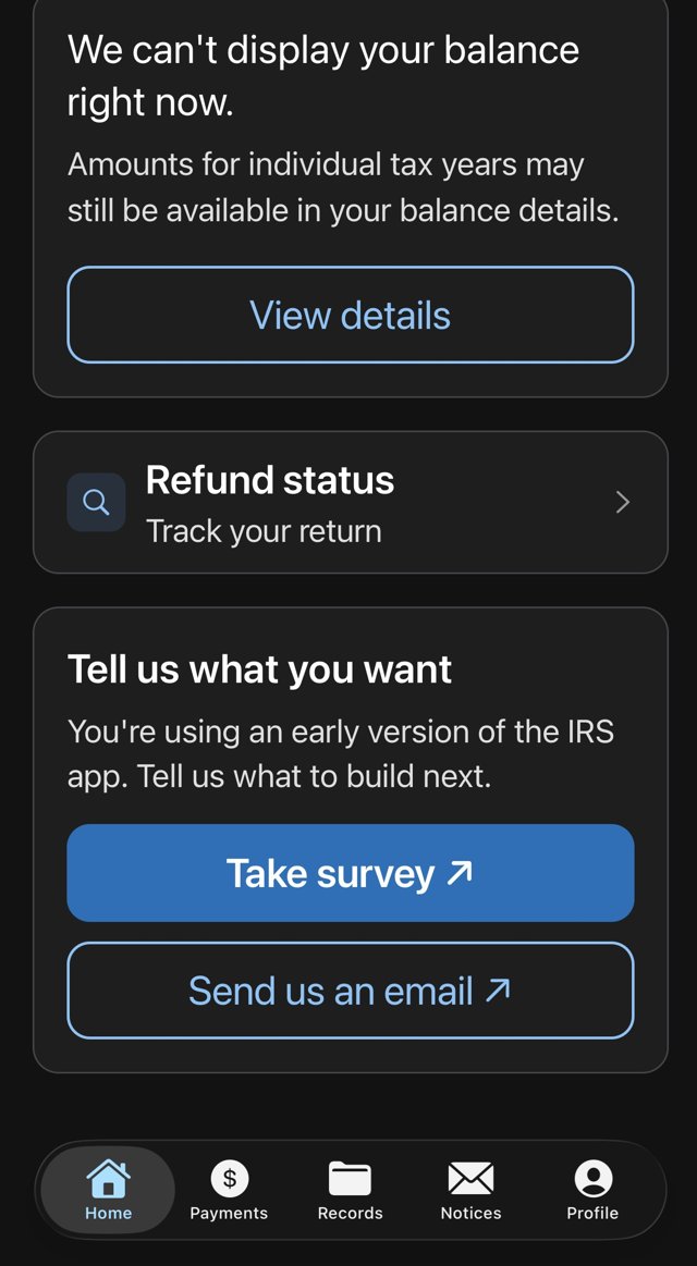 IRS app home screen showing balance, refund status, and the Payments, Records, and Notices tabs
